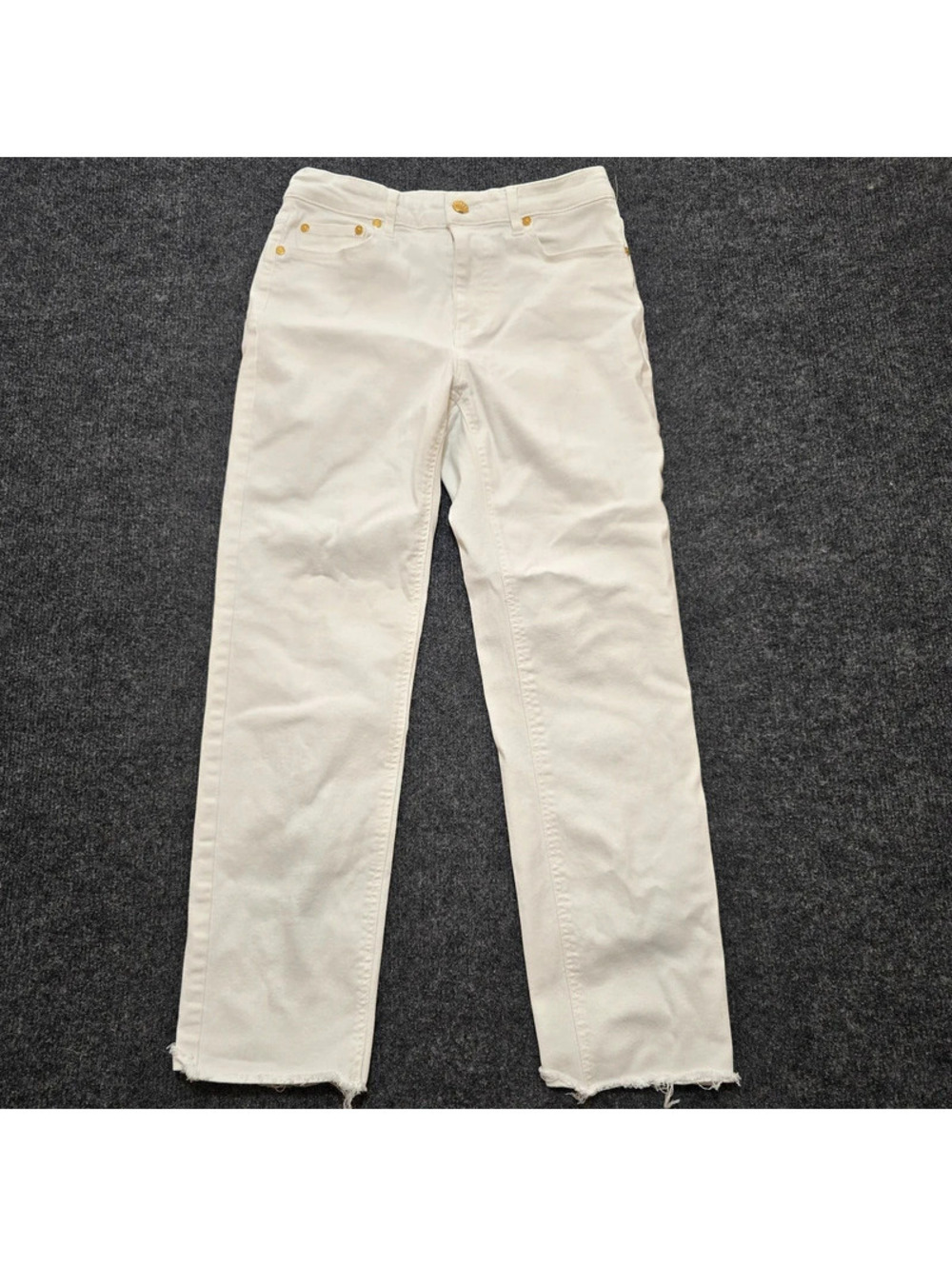 OAT New York Off White Denim Jeans 6/28 Frayed Hem Seashell Button Stretch